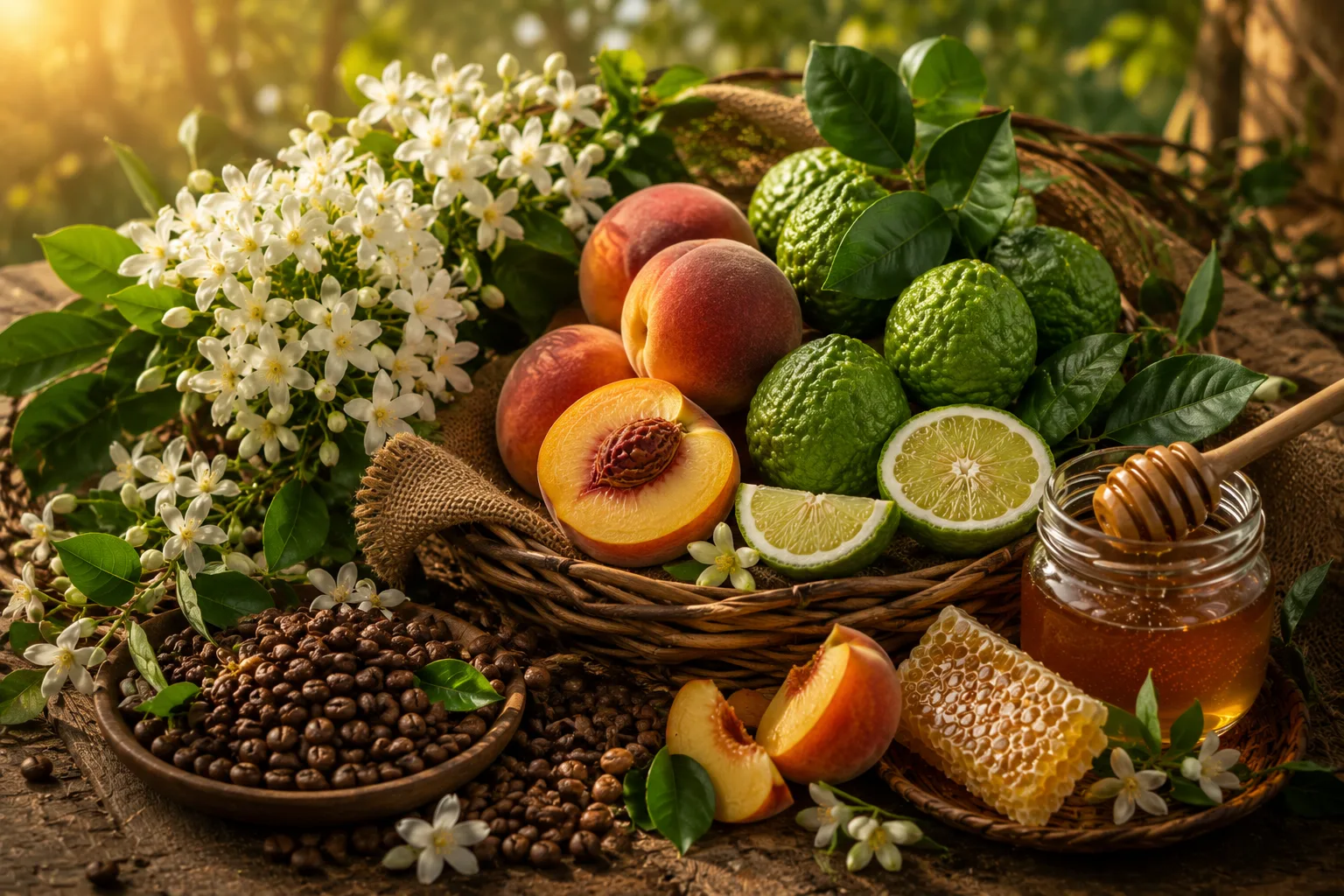 A basket of jasmine, white peach, bergamot and wild honey beside coffee beans